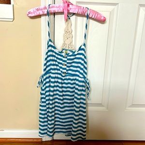 Blue and white striped tank with lace back.